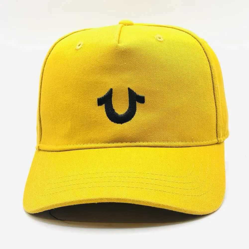 True Religion Hat Snapback Adjustable Gold Men Embroidered Black Logo Horse Shoe